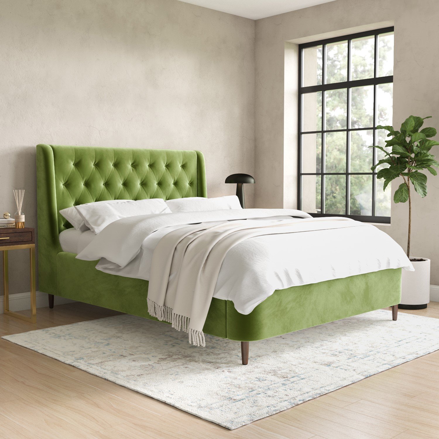1-2.jpg Olive Green Velvet Double Ottoman Bed with Legs - Amara - Image 1