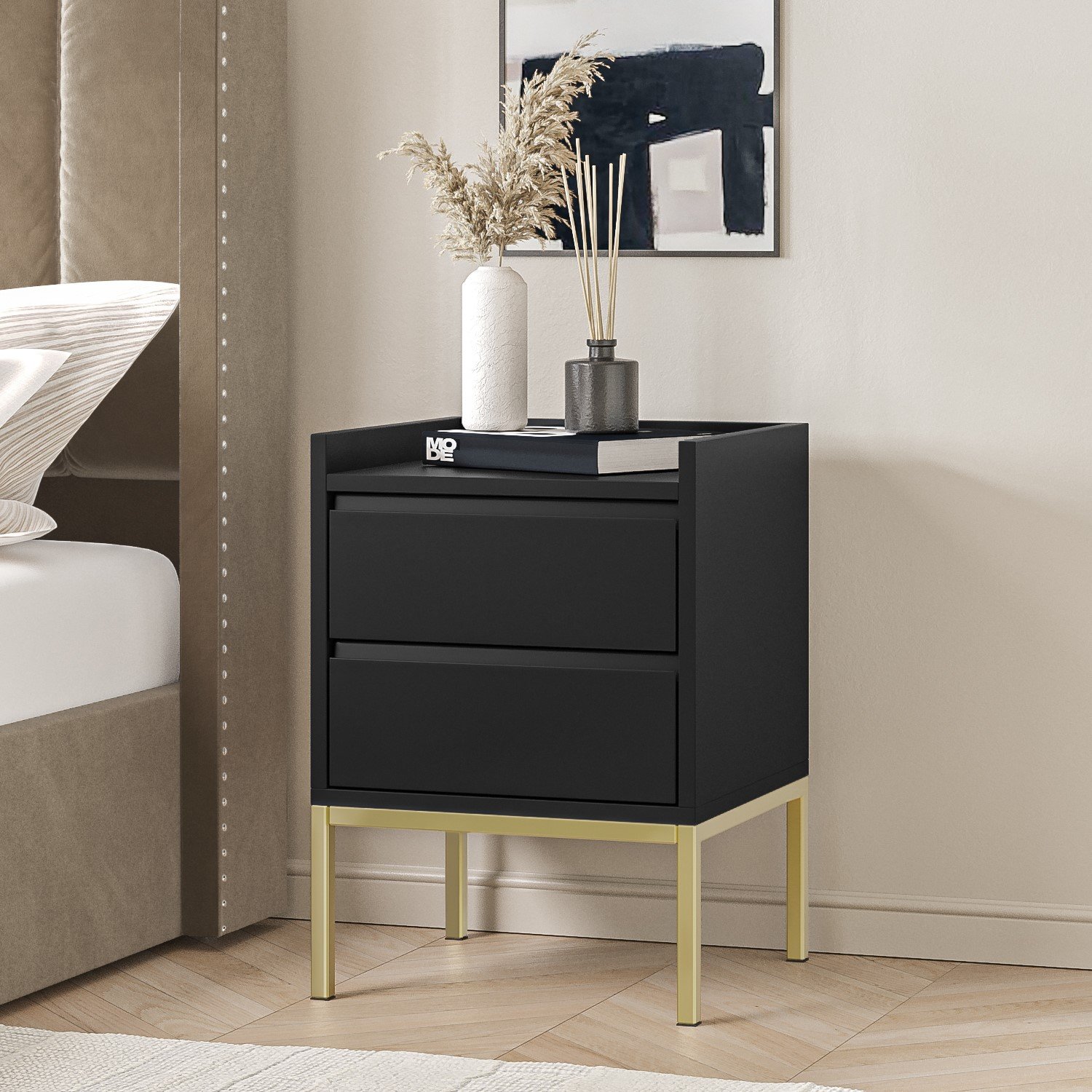 1-247.jpg Black Modern 2 Drawer Bedside Table with Legs - Zion - Image 1