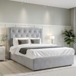 Grey Velvet Double Ottoman Bed with Chesterfield Studded Headboard - Safina