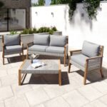 4 Seater Grey Rattan Garden Sofa Set With Solid Wood Frame - Aspen