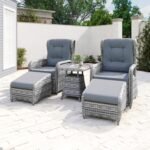 Reclining Rattan Garden Sun Lounger Set with Table and Footstools - Dark Grey - Aspen