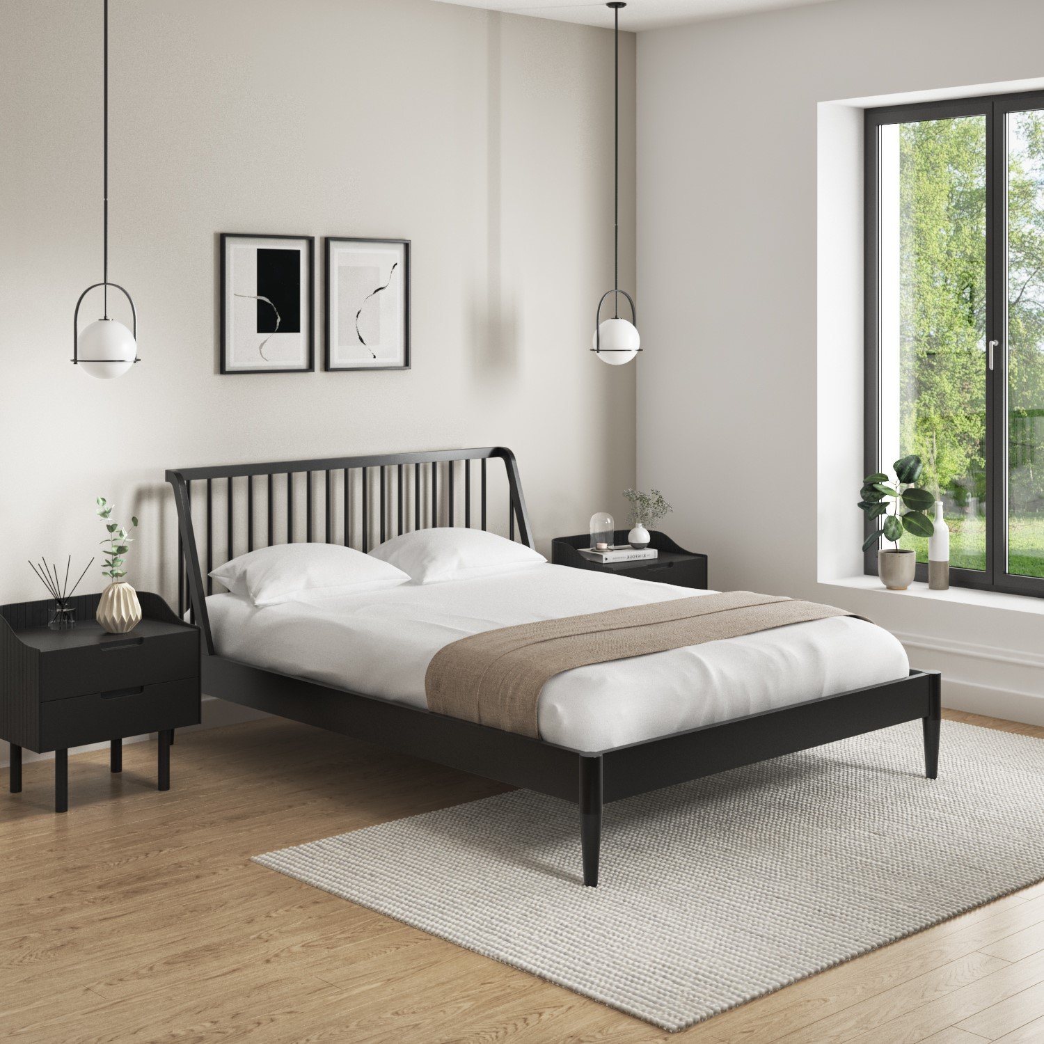 ING004_1_Supersize.jpg Black Wooden Spindle Mid Century Double Bed Frame - Saskia - Image 1